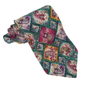 Vintage 90s Abstract Paisley Geometric Neck Tie Silk Hieroglyph Green Purple